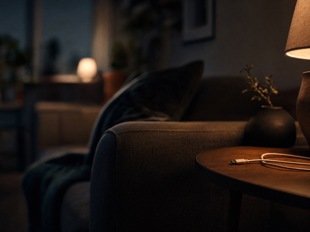 Dim lamp-lit living room